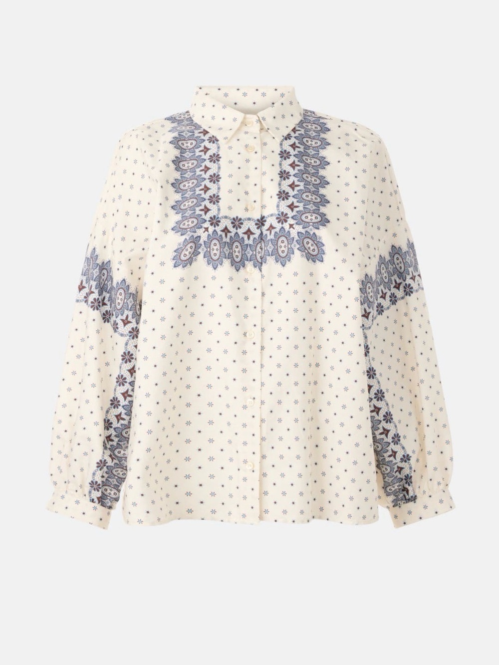 Like New!! Weekend Max Mara Adda Blouse: Cream with Blue Paisley Trim - Size 12